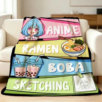 Anime Ramen Boba Sketching Pastel Rainbow Blanket featuring anime girl