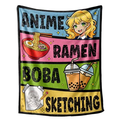 Anime Ramen Boba Sketching Pastel Stripes Blanket featuring anime girl