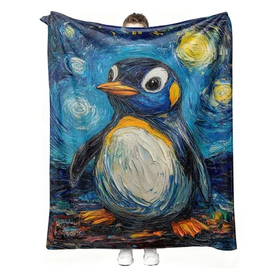Penguin Starry Night Art Blanket featuring a whimsical penguin painted