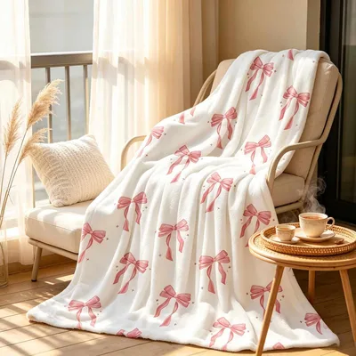 Cream Ribbon Bows Blanket: Pink Bow Pattern Throw