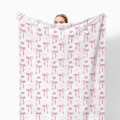 Coquette Pink Bow Pattern Blanket with Ribbon and Lips Design