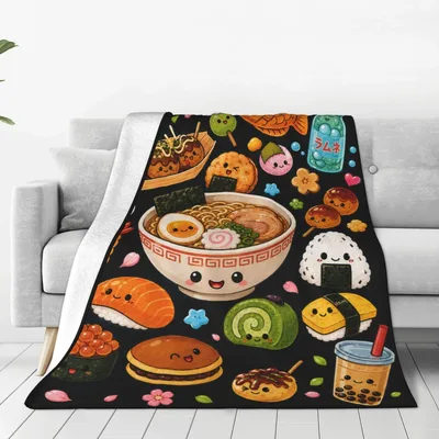 Kawaii Japanese Food Blanket: Cute Ramen Sushi and Boba Design