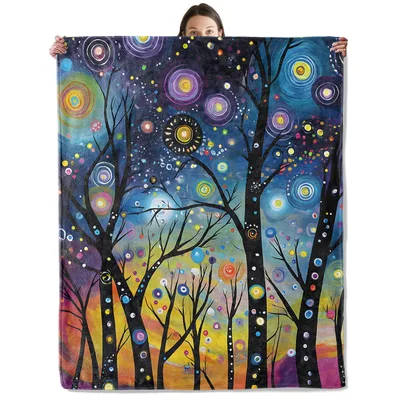 Starry Forest Art Blanket: Whimsical Night Sky and Trees Throw