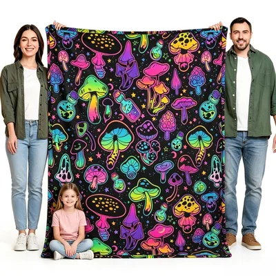 Neon Psychedelic Mushrooms Pattern Blanket for Retro Art Lovers