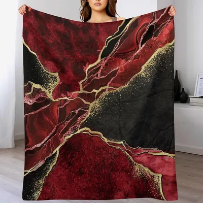 Red Marble Abstract Blanket: Deep Red and Gold Veins