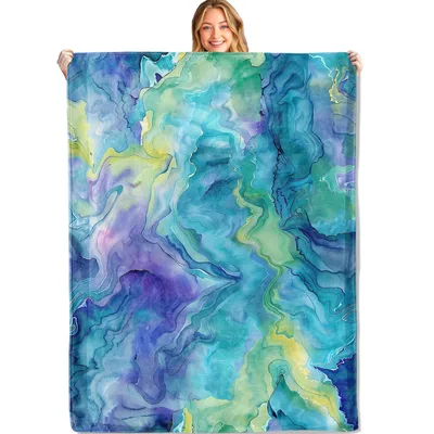 Abstract Watercolor Marble Blanket: Fluid Blue and Green Art Design