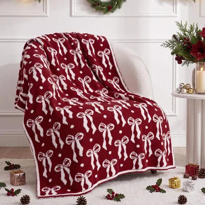 White Bows Pattern Blanket: Festive Burgundy Ribbon Design