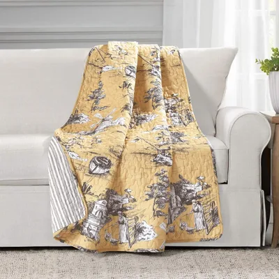 French Country Toile Pattern Blanket: Vintage Farmhouse Scene