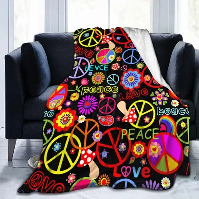 Peace Love Hippie Symbols Blanket: Retro Peace Signs and Flowers