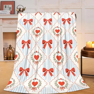 Red Bows and Hearts Blanket: Retro Bow and Heart Pattern Throw