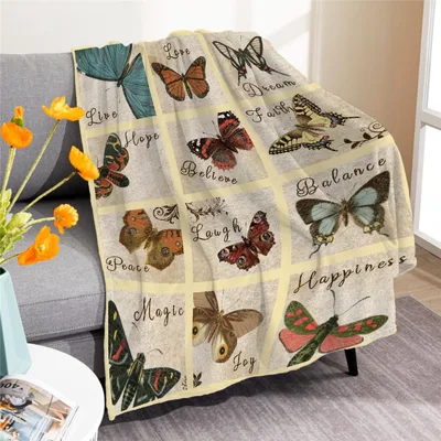 Vintage Butterfly Words Pattern Blanket featuring colorful insects