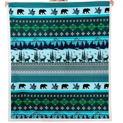 Teal Nordic Bear Blanket: Wild Wildlife and Geometric Pattern Design