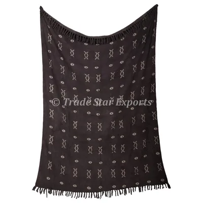 Dark Mudcloth Block Print Blanket with Geometric Eye Motifs