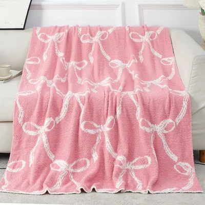 Pink Bow Pattern Blanket: Soft Pink Throws with White Ribbon Art
