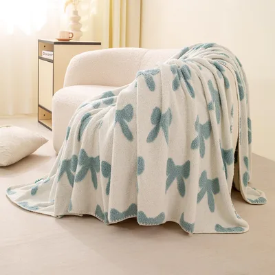 Blue Bow Pattern Blanket: Retro Ribbon Design for Boho Rooms