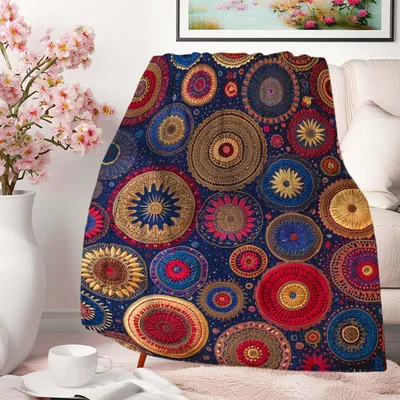 Boho Mandala Medallion Blanket featuring colorful geometric circles