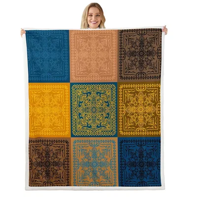 Boho Aztec Tile Patchwork Blanket: Vintage Bandana Grid Design