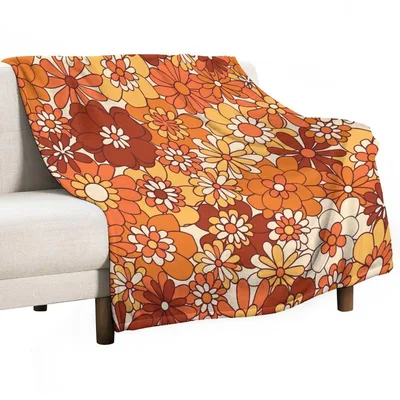 Groovy Orange Flowers Pattern Blanket: 70s Retro Floral Design