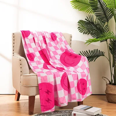 Pink Checkered Smile Face Blanket