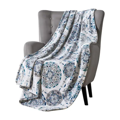 Blue Medallion Damask Pattern Blanket with Teal and Gray Floral Motifs