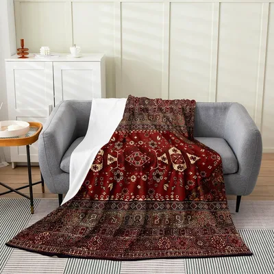 Red Boho Tribal Medallion Blanket featuring a vintage lattice pattern