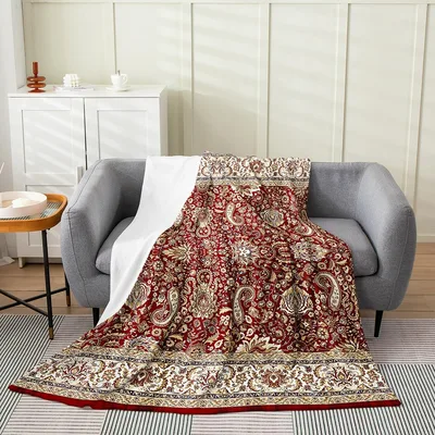 Red Paisley Floral Pattern Blanket featuring intricate red