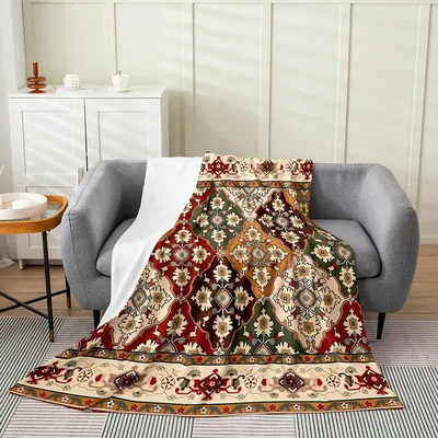 Boho Ornate Floral Grid Blanket featuring a retro diamond lattice