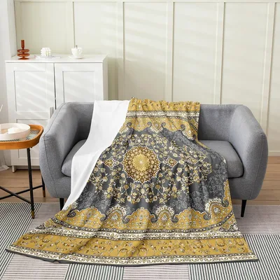 Boho Yellow Grey Floral Blanket with Intricate Lattice Design