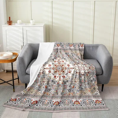 Boho Grey Orange Floral Blanket: Retro Bohemian Pattern Throw