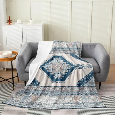 Boho Blue Damask Lattice Blanket for Retro Style Lovers