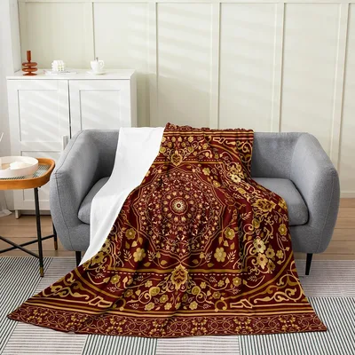 Retro Red Tribal Floral Blanket: Vintage Boho Pattern for Cozy Spaces