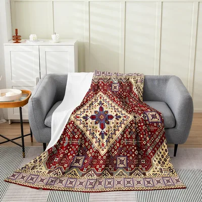 Boho Red Medallion Lattice Blanket: Retro Tribal Pattern Throw