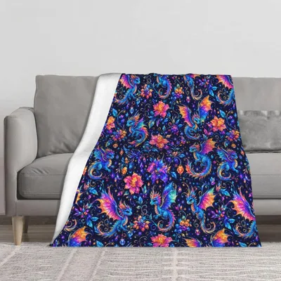 Colorful Paisley Floral Pattern Blanket: Neon Dragons and Flowers