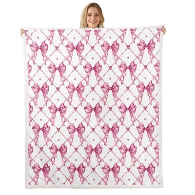 Pink Bow Pattern Blanket: Watercolor Ribbon and Heart Design