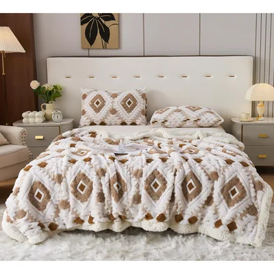 Boho Diamond Pattern Sherpa Blanket for Retro Home Decor