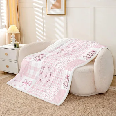 Pink Bow Pattern Blanket: A Quilt-Style Print with Ribbons and Gingham