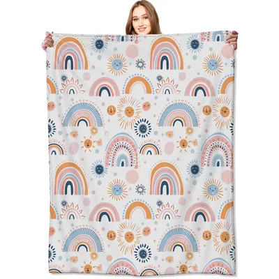 Sunny Rainbow Sunshine Faces Blanket: Retro Arches and Smiling Suns