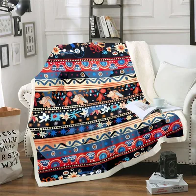 Colorful Bohemian Tribal Pattern Blanket: Retro Floral Striped Design