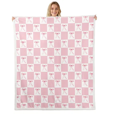 Pink Bowknot Geometric Pattern Blanket: Soft Checkered Design