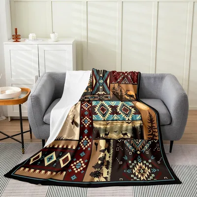 Boho Wild Animals Pattern Blanket: Retro Wildlife and Geometric Design