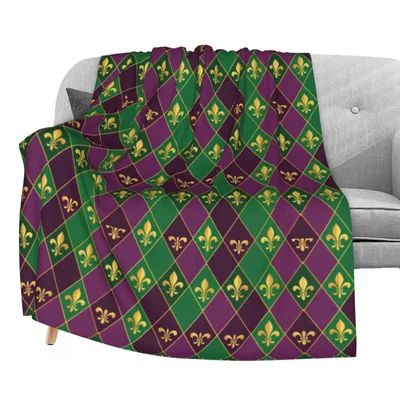 Mardi Gras Fleur De Blanket: Classic Purple and Green Pattern