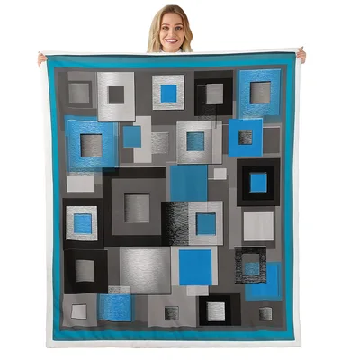 Blue Gray Square Grid Blanket for Modern Geometric Home Decor