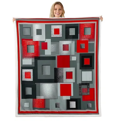 Red Gray Square Grid Blanket