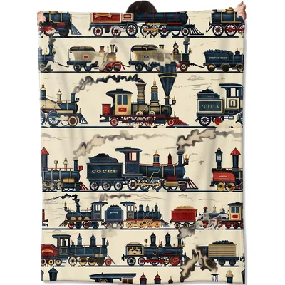 Vintage Steam Train Pattern Blanket featuring retro locomotives