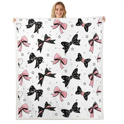 Pink and Black Bows Blanket: A Fuzzy Throw with Starry Patterns