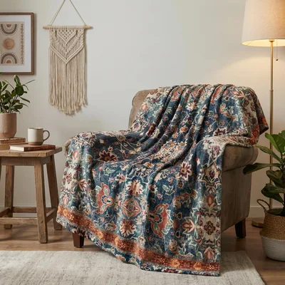 Boho Bohemian Floral Pattern Blanket for Vintage Farmhouse Style