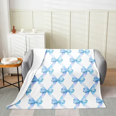 Blue Bows Watercolor Pattern Blanket: Soft Bowknot Grid Design