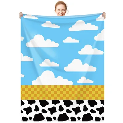 Blue Sky Clouds Cow Blanket: Retro Pattern with Checkered Border