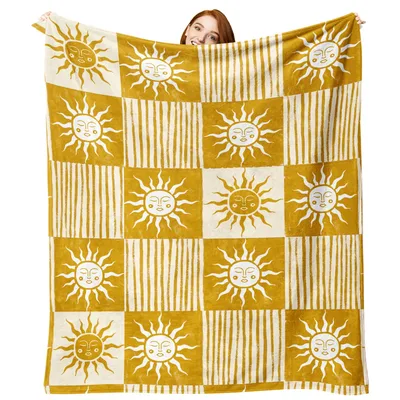 Boho Sun Face Checkerboard Blanket: Retro Sunshine Pattern