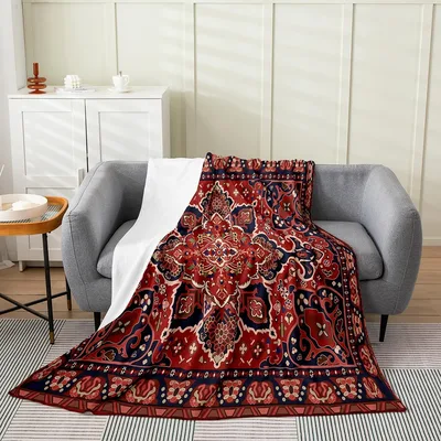 Red Persian Medallion Rug Blanket for Vintage Interior Lovers